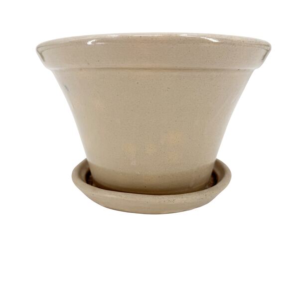 vintage cream colored beige Flower Pot attached Underplate heavy glazed pottery - Picture 9 of 11